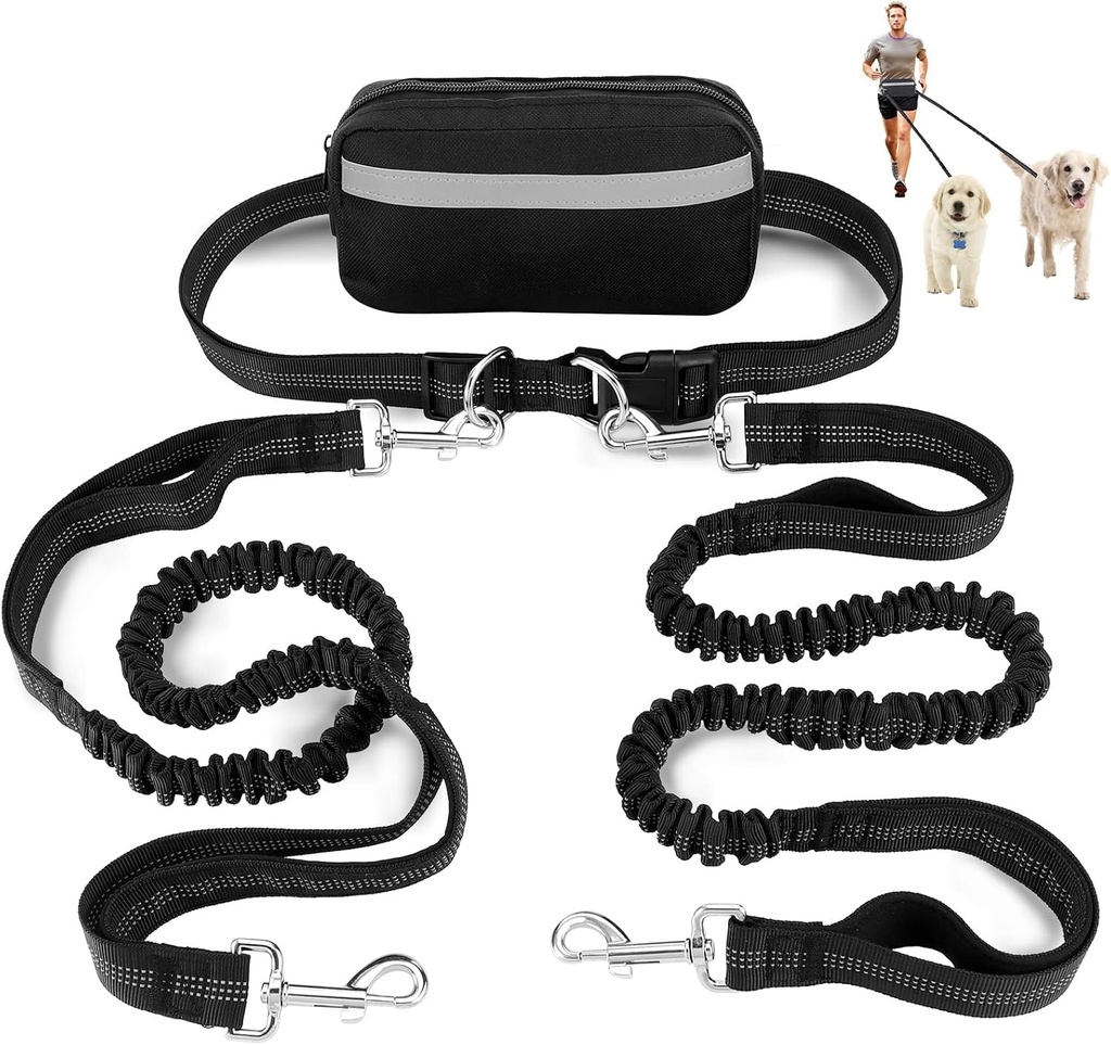 Lesă dublă Yimomoyi pentru 2 câini, lesă de jogging pentru 2 câini cu curea, lesă hands-free pentru câini de talie medie spre mare, cu lesă elastică reflectorizantă pentru alergare și mânere duble pentru jogging și mers pe jos