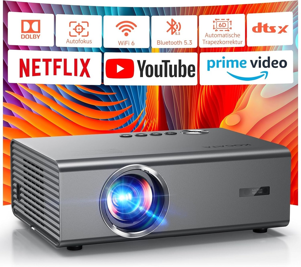 Proiector inteligent 4K pentru dormitor  1200 ANSI, compatibil cu Netflix și HDR10  Focalizare automată KOGATA AI, trapez 6D, zoom 100%–50%, WiFi 6 și Bluetooth 5.3  Proiectoare Home Cinema pentru interior și exterior