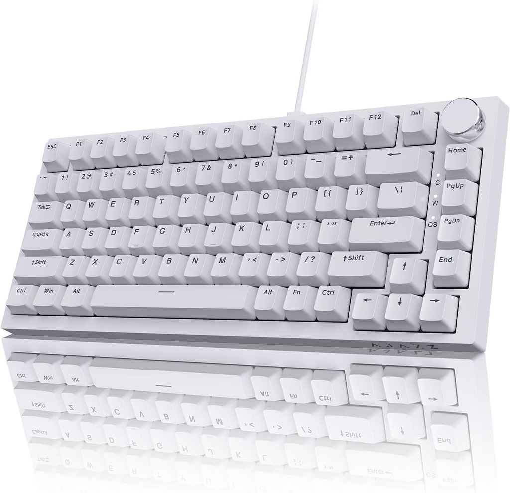 Tastatură mecanică cu fir AJAZZ AK820, tastatură de gaming cu 82 de taste, 75% QWERTY, cu buton de control al volumului, taste PBT, comutatoare albastre, efect de iluminare LED albastru glacial orientat spre nord, albă