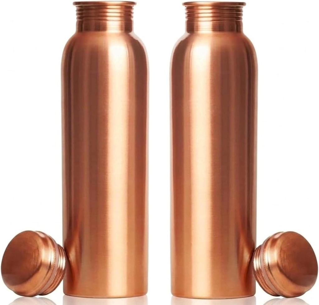 Sticlă de apă din cupru natural Furnishful Finesse – 1000 ml (aprox. 34 oz) Sticlă din cupru pur cu capac etanș; Recipient ayurvedic din cupru pentru yoga, meditație și birou – 2 bucăți