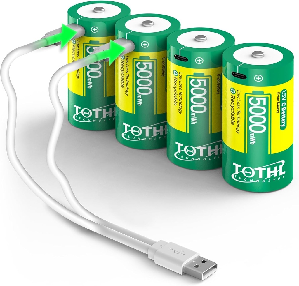 Pachet de 4 Baterii reîncărcabile pentru bebeluși de tip C, cablu de încărcare USB 2 în 1, baterii litiu-ion C, baterie de schimb LR14 1.5V, dimensiune C, 5000mWh, pentru reflectoare și jucării