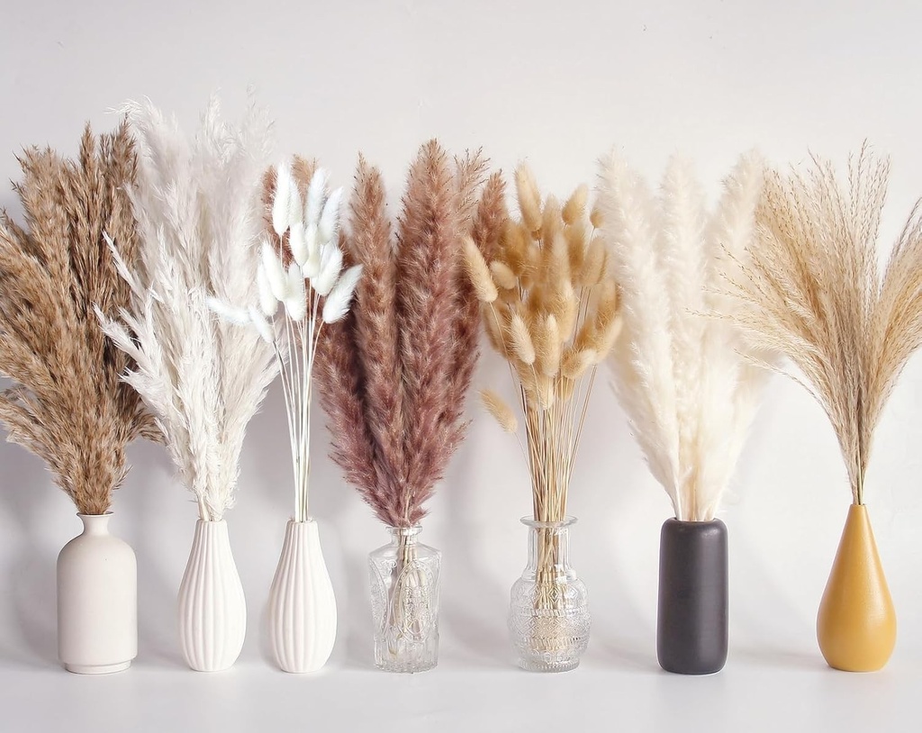 Buchet de 125 de flori uscate din iarbă de pampas, decor de masă în stil boho, flori uscate cu cozi de iepuraș, iarbă de pampas maro, iarbă de pampas albă pentru nunți, decor de casă, petreceri rustice și decorațiuni pentru petreceri preșcolare