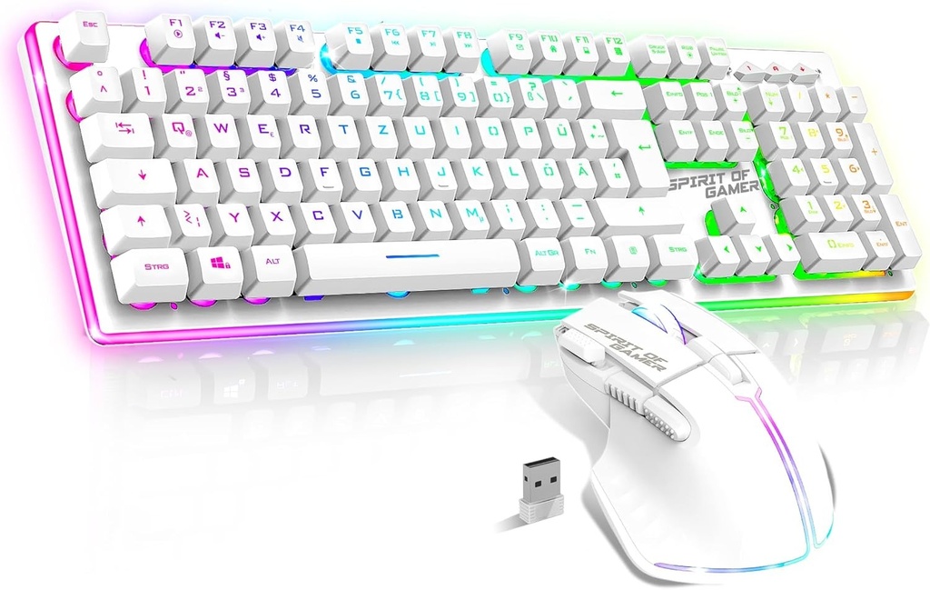 SPIRIT OF GAMER x MK600  Set tastatură și mouse wireless, alb, RGB, reîncărcabil  Layout german QWERTZ cu iluminare din spate  Tastatură de gaming semimecanică  Mouse wireless 4800 DPI  PS4/PS5, PC