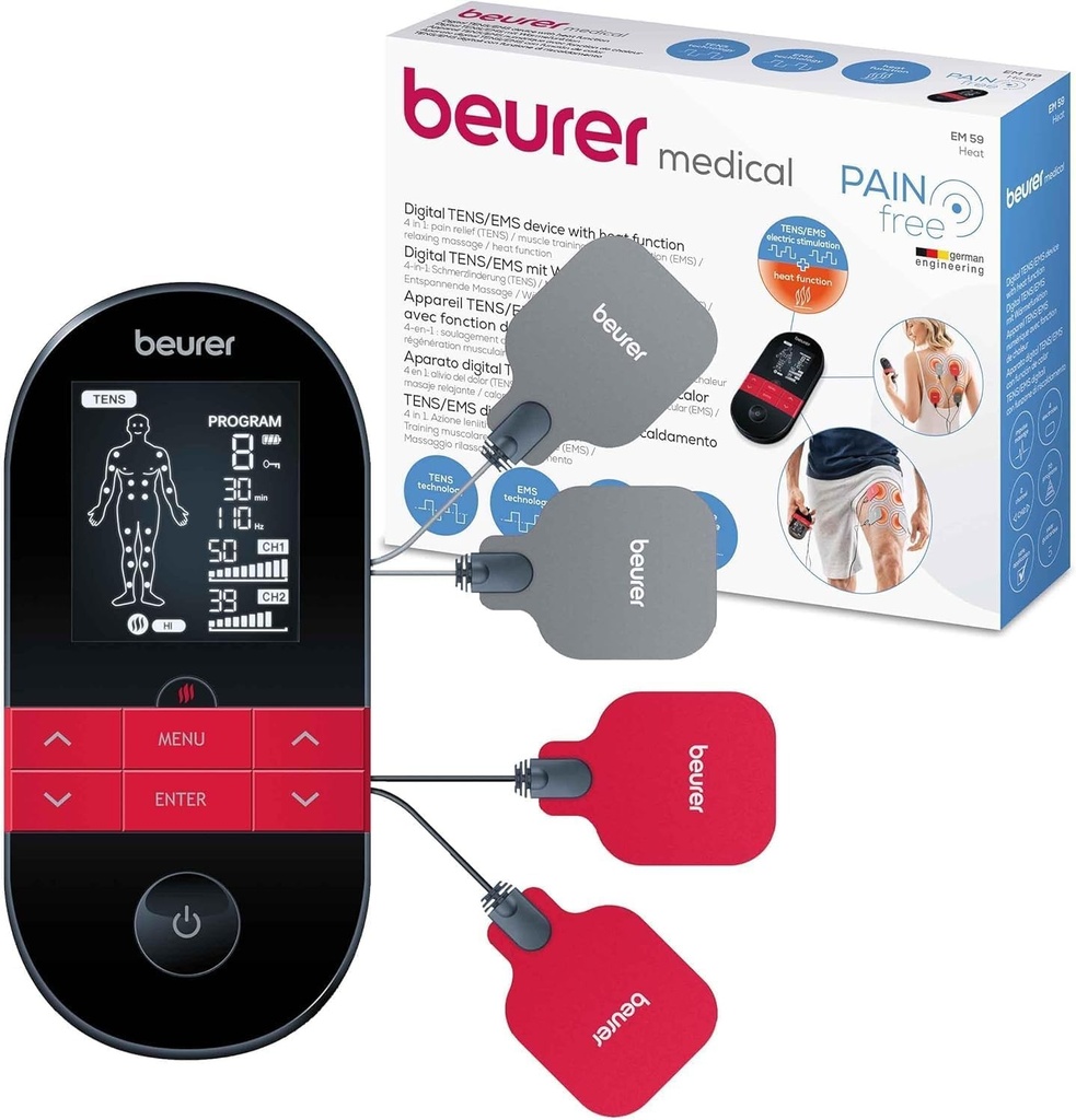 Aparat digital TENS/EMS Beurer EM59 cu căldură, dispozitiv de stimulare 4 în 1 pentru terapia durerii, stimularea musculară, masaj și terapie cu căldură, 4 electrozi, 70 de programe, 50 de niveluri de intensitate