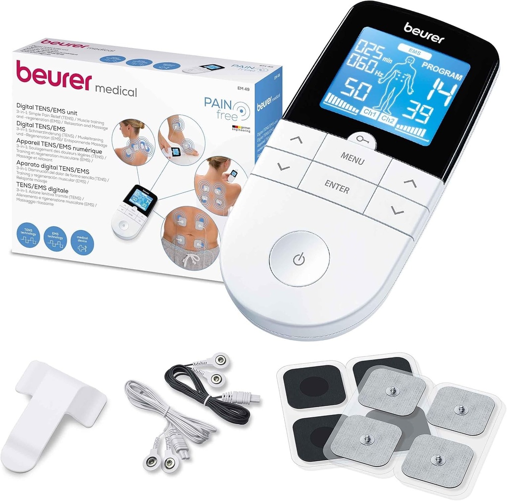 Aparat digital TENS și EMS Beurer EM49 PainFree  Calmare naturală a durerii fără medicamente  3 în 1 pentru calmarea durerii, reabilitare și masaj  70 de programe de antrenament  2 canale  4 electrozi autoadezivi