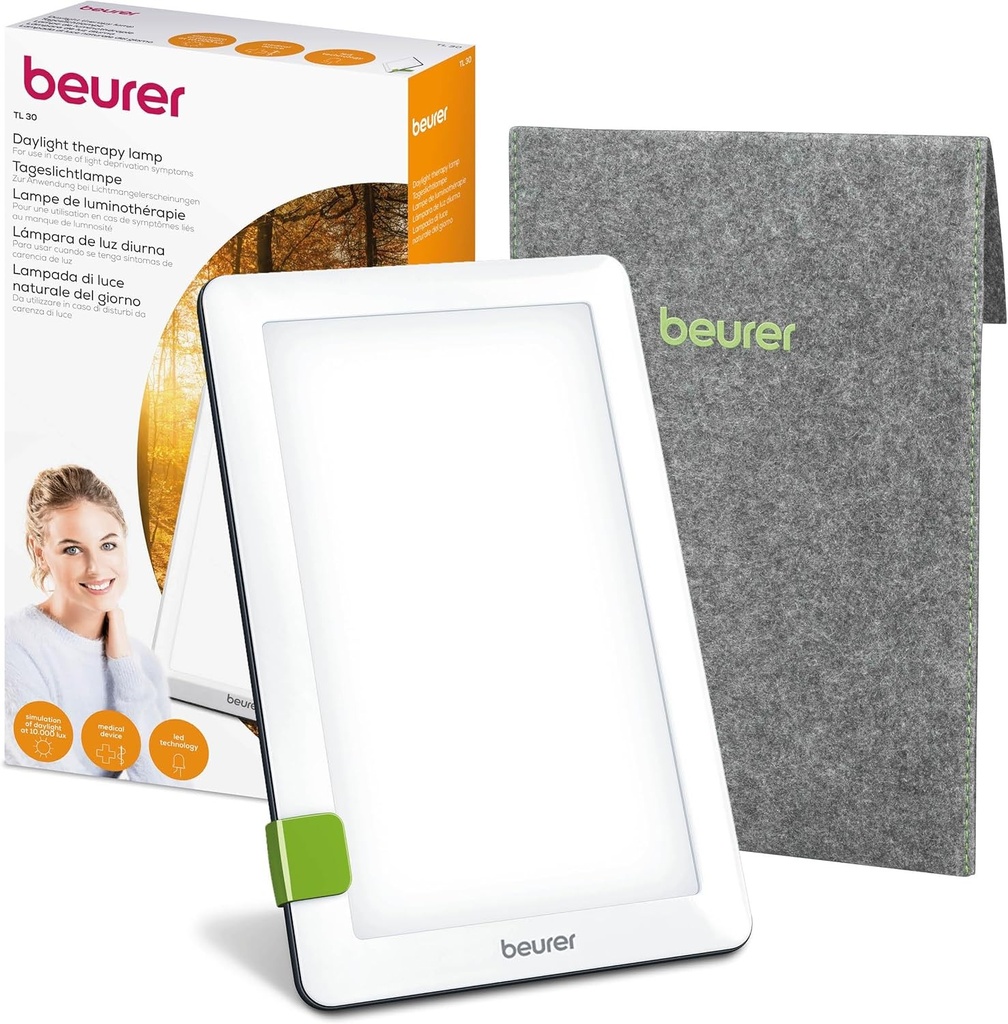 Lampă de lumină naturală Beurer TL 30, simulează lumina zilei, până la 10.000 lux, dispozitiv medical, tehnologie LED fără pâlpâire și fără UV, lampă de lumină naturală cu suport reglabil și geantă