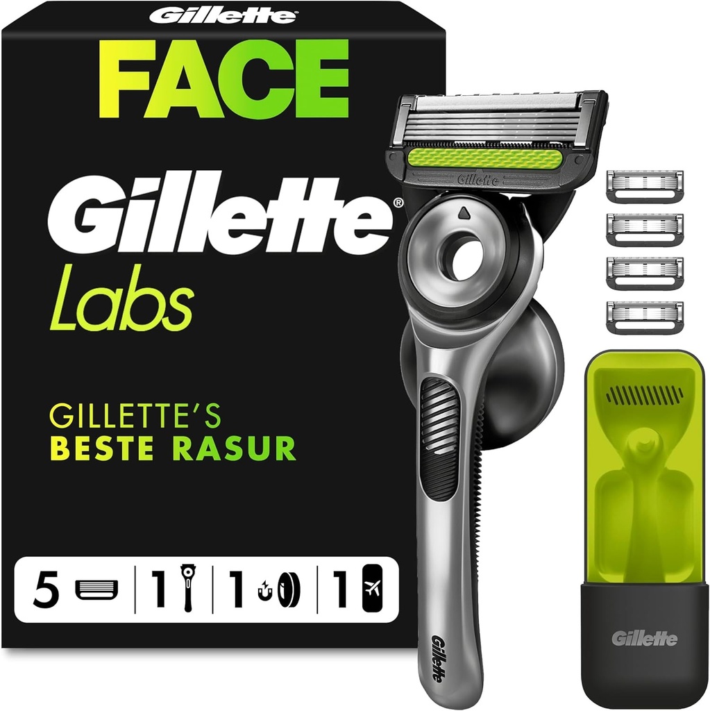 Aparat de ras Gillette Labs pentru bărbați cu element de curățare, aparat de ras pentru bărbați - Include 1 piesă de mână, 5 lame de schimb și suport de perete pentru depozitare ușoară în baie