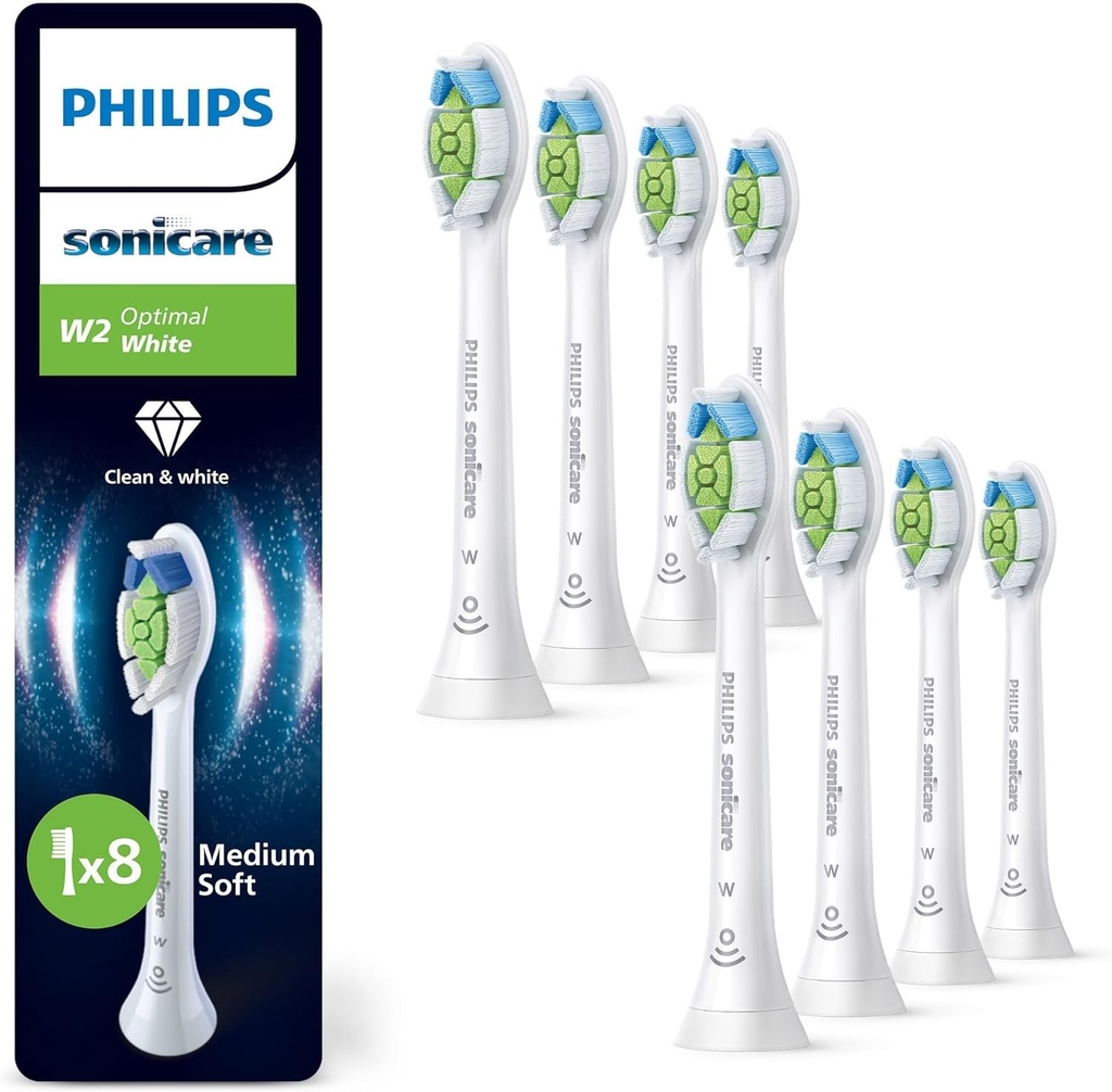 Philips Sonicare W2 Optimal White, Capete de periuță de dinți de schimb originale, alb, pachet de 8, HX6068/87