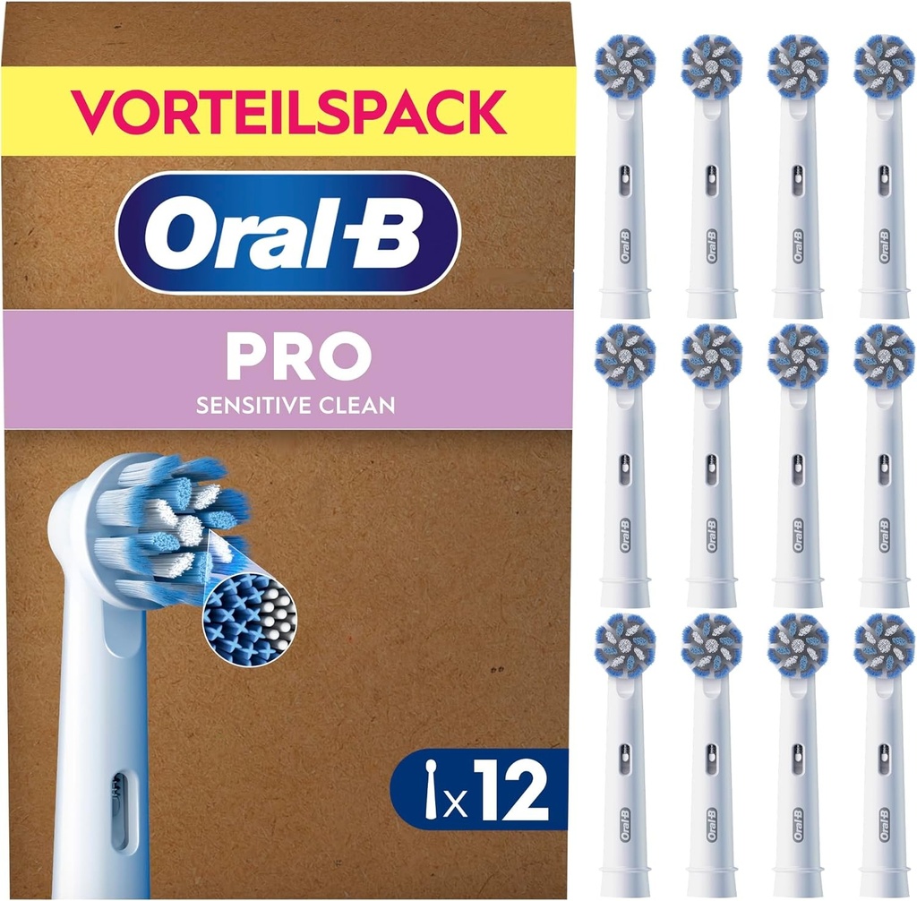 Cap de periuță de dinți electrică Oral-B Pro Sensitive Clean, peri în formă de X și extra moi pentru periaj delicat și îndepărtarea plăcii bacteriene, pachet de 1 (12 bucăți) capete de periuță de dinți, , alb