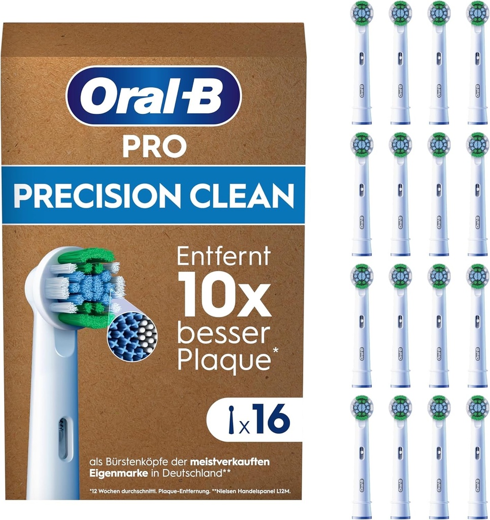 Cap de periuță de dinți electrică Oral-B Pro Precision Clean, peri în formă de X și unghiulari pentru îndepărtarea mai profundă a plăcii bacteriene, pachet de 16 capete de periuță de dinți, , alb