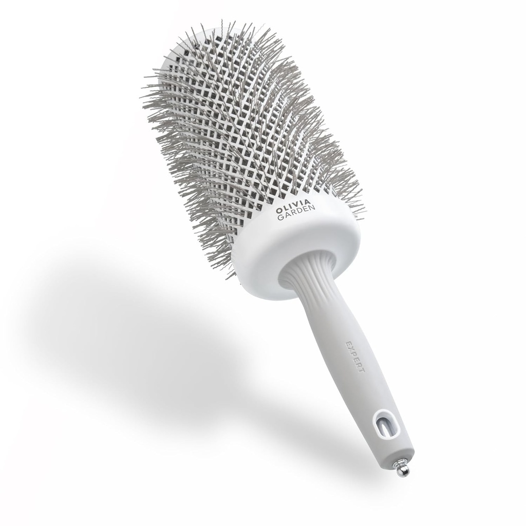 Perie rotundă Olivia Garden Expert Blowout Speed ​​– Alb și gri - 65 - cu înveliș ceramic și țeavă extra lungă pentru suflare cu 25% mai rapidă