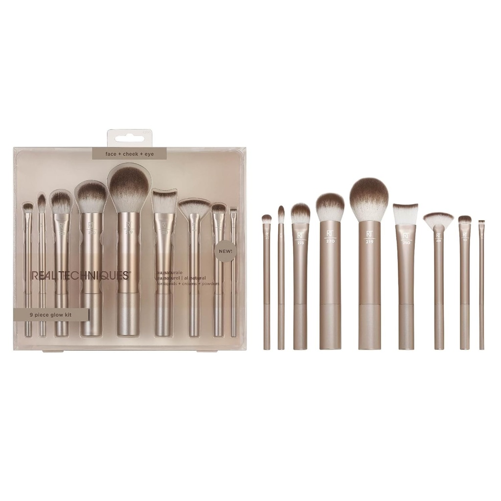 REAL TECHNIQUES Au Naturale Set de pensule de machiaj, pentru fond de ten, pudre și corectoare, pensule de față de calitate premium, set de 9 piese, auriu