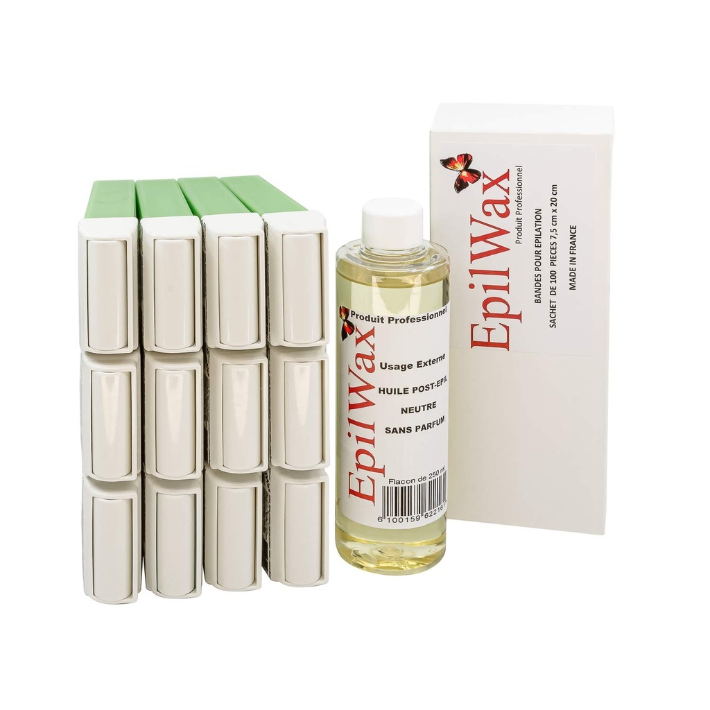 EpilWax - Pachet de 12 roll-on-uri cu ceară și aloe vera + 100 benzi de epilare + ulei post-epilare - Picioare, axile, corp - Ușor de aplicat și îndepărtat