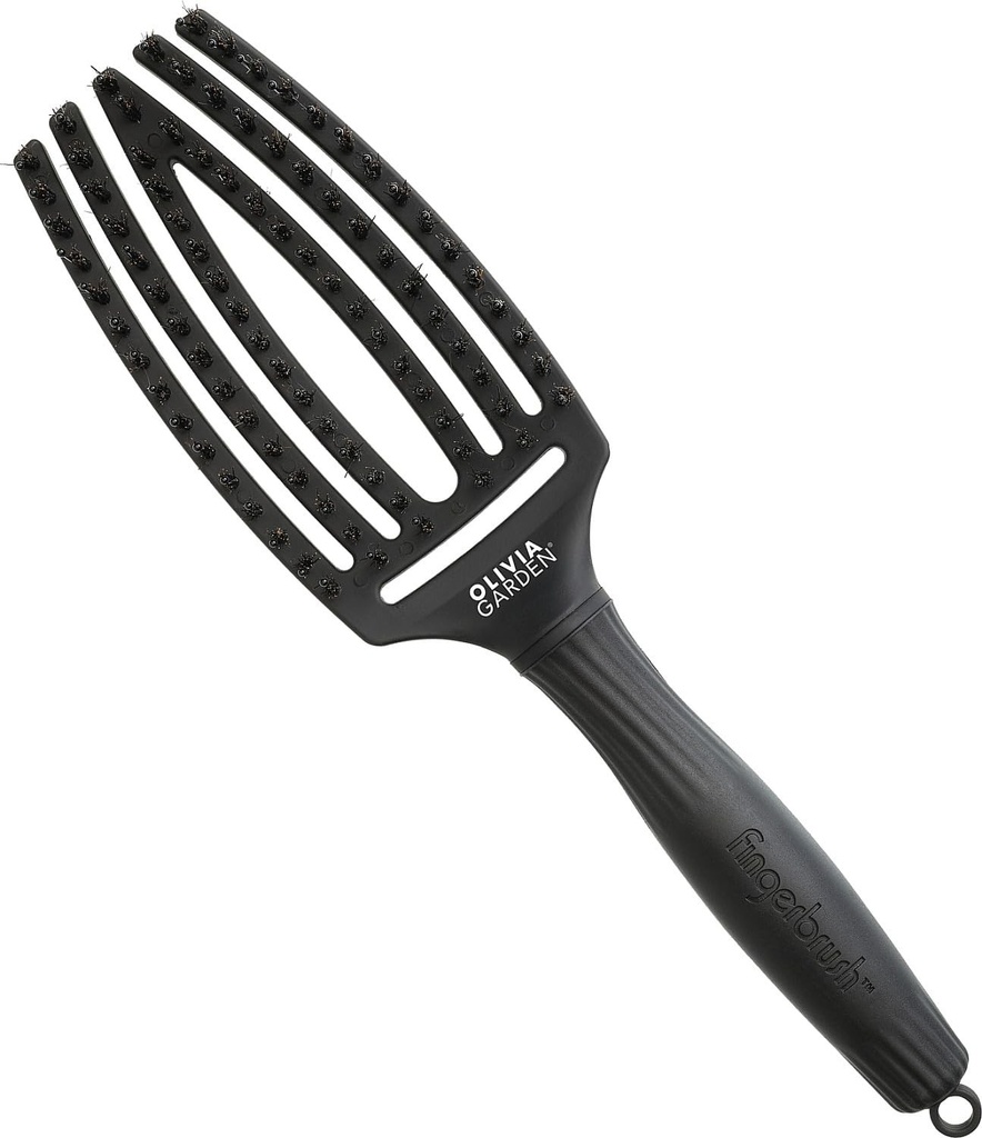Perie de păr descurcătoare Olivia Garden Fingerbrush Care Iconic - Medie - Neagră - cu peri de mistreț și nailon pentru strălucire maximă și coafare netedă