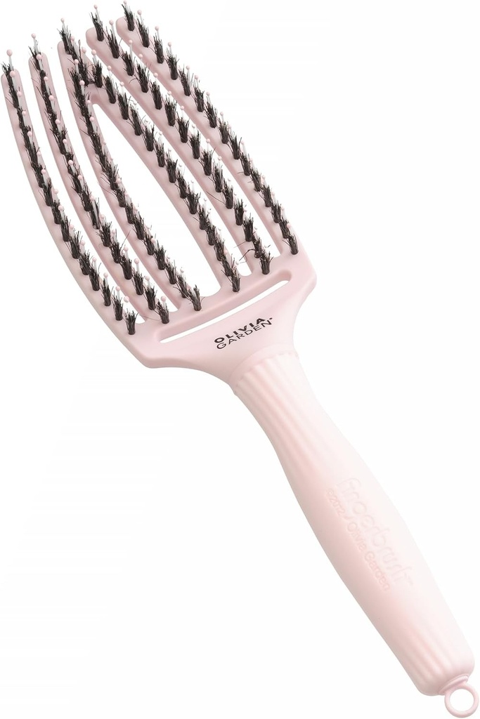 Perie de păr descurcătoare Olivia Garden Fingerbrush Care Iconic - Medie - Roz pastel - cu peri de mistreț și nailon pentru strălucire maximă și coafare netedă