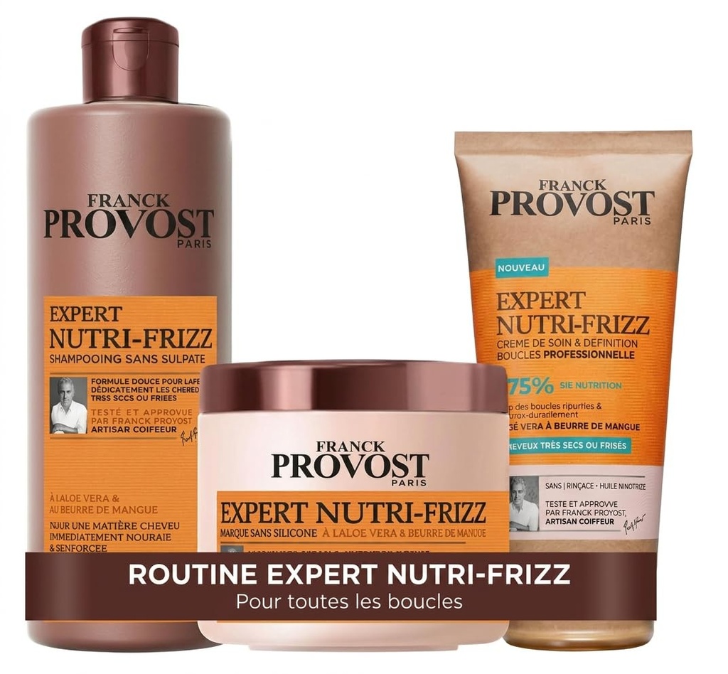 Set Franck Provost Expert Nutri-Frizz: Șampon, Mască și Cremă Profesională pentru Definirea Buclelor - Fără Siliconi, Fără Uleiuri Minerale - 400ml, 400ml, 200ml