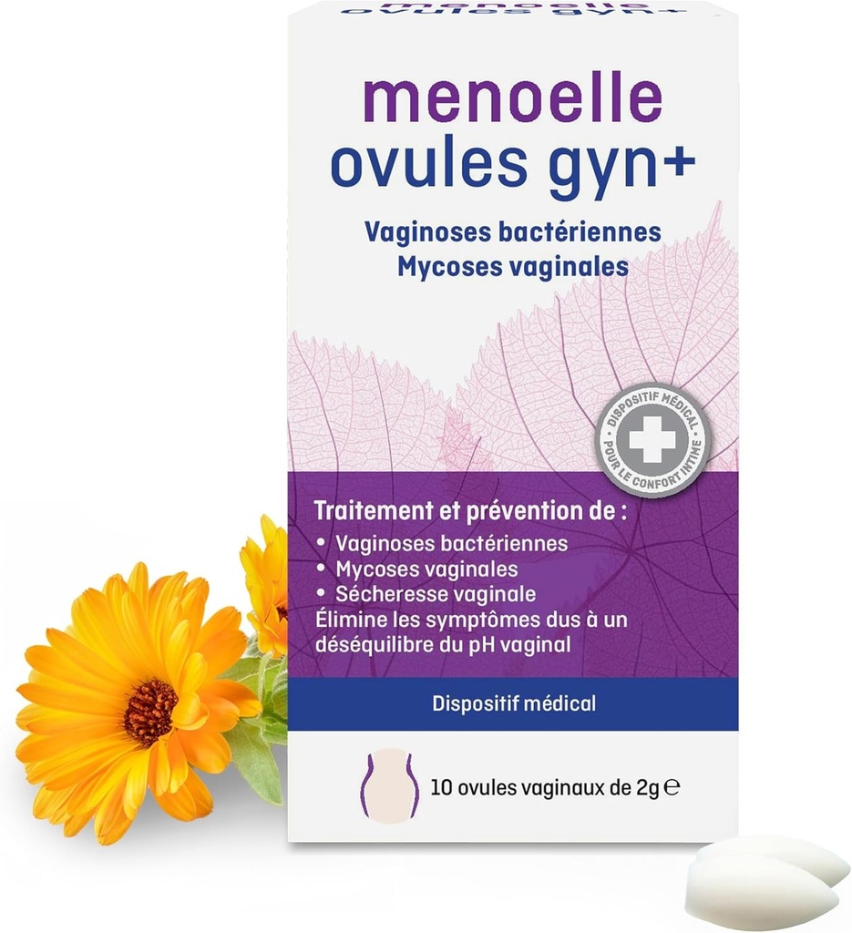 Menoelle - 10 Supozitoare Vaginale Gyn+ - Vaginoză Bacteriană și Infecție Vaginală cu Candida - Naturale și Fără Hormoni - Restaurarea Florei Vaginale Intime în timpul Menopauzei - Dispozitiv Medical