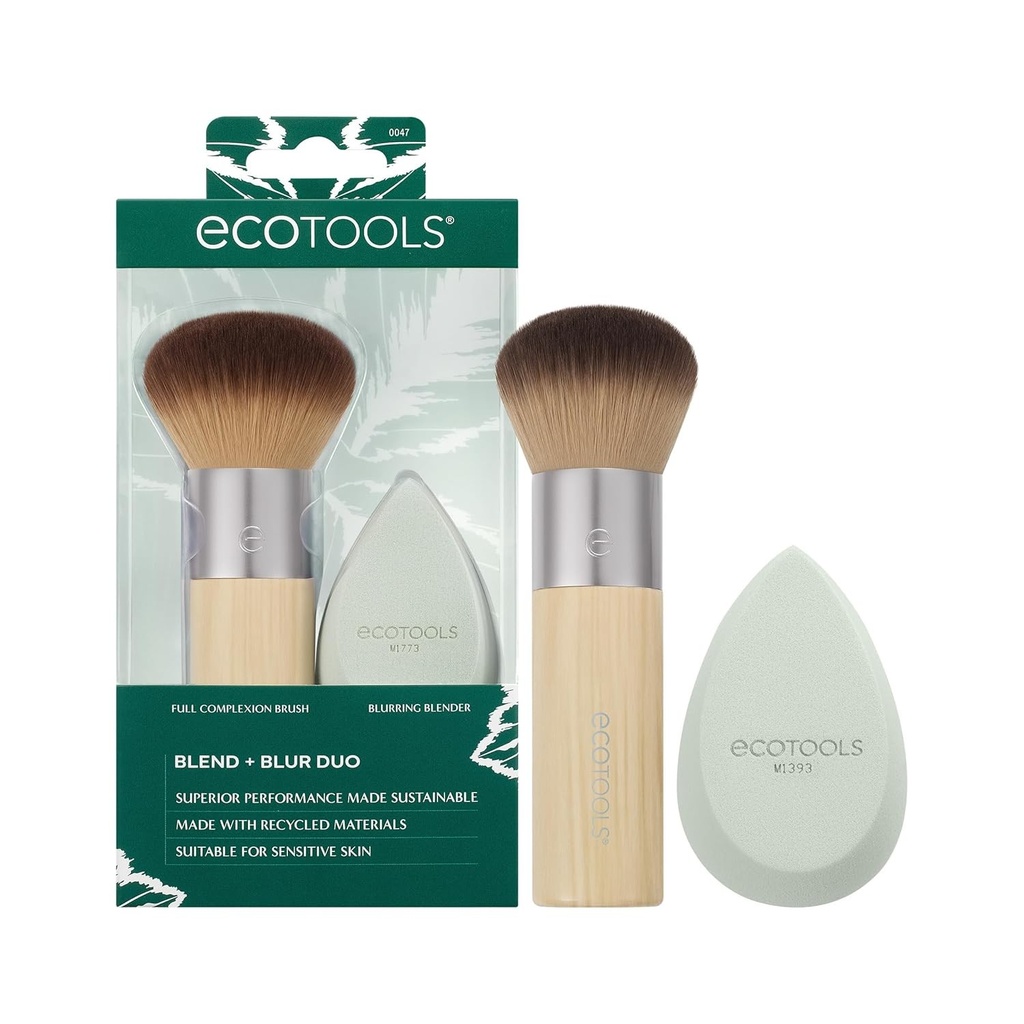 EcoTools Blend + Blur Makeup Brush and Sponge Duo, Pensulă pentru amestecarea machiajului și fond de ten, Pentru produse lichide și cremoase, Cloud Skin, Ecologic, Fără latex, Cruelty-Free și vegan, 2 bucăți