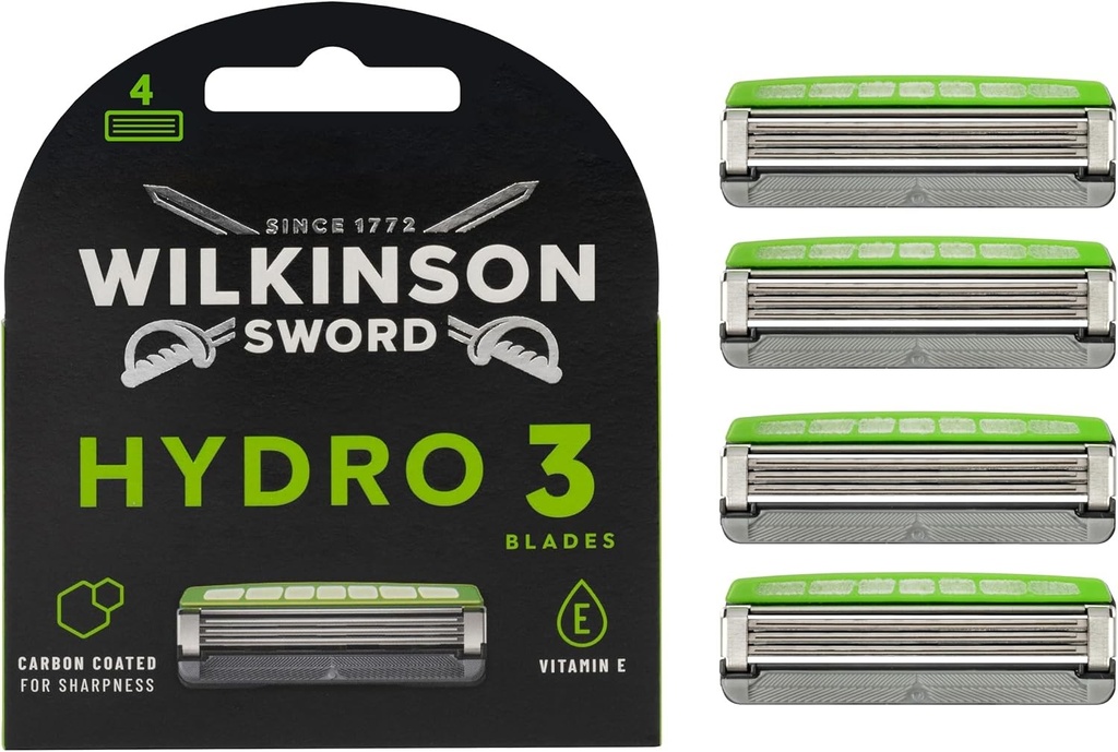 WILKINSON SWORD - Lame de ras Hydro 3 pentru bărbați, acoperite cu carbon, gel hidratant și protecție pentru piele, pachet de 4 rezerve