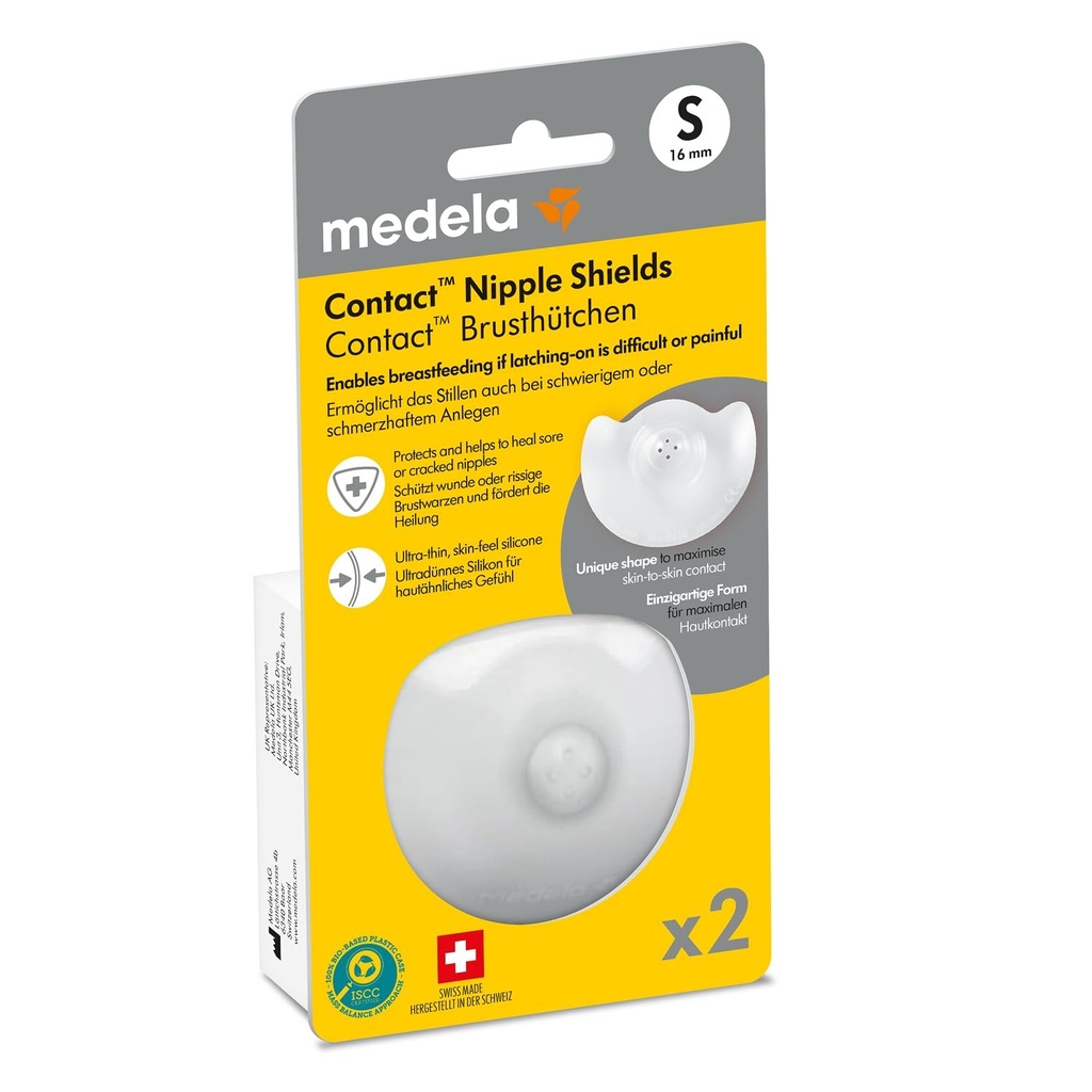 Protecții pentru mameloane Medela Contact - BPA, fabricate din silicon moale ultra-subțire, include 2 protecții și husă, 16 mm, mici