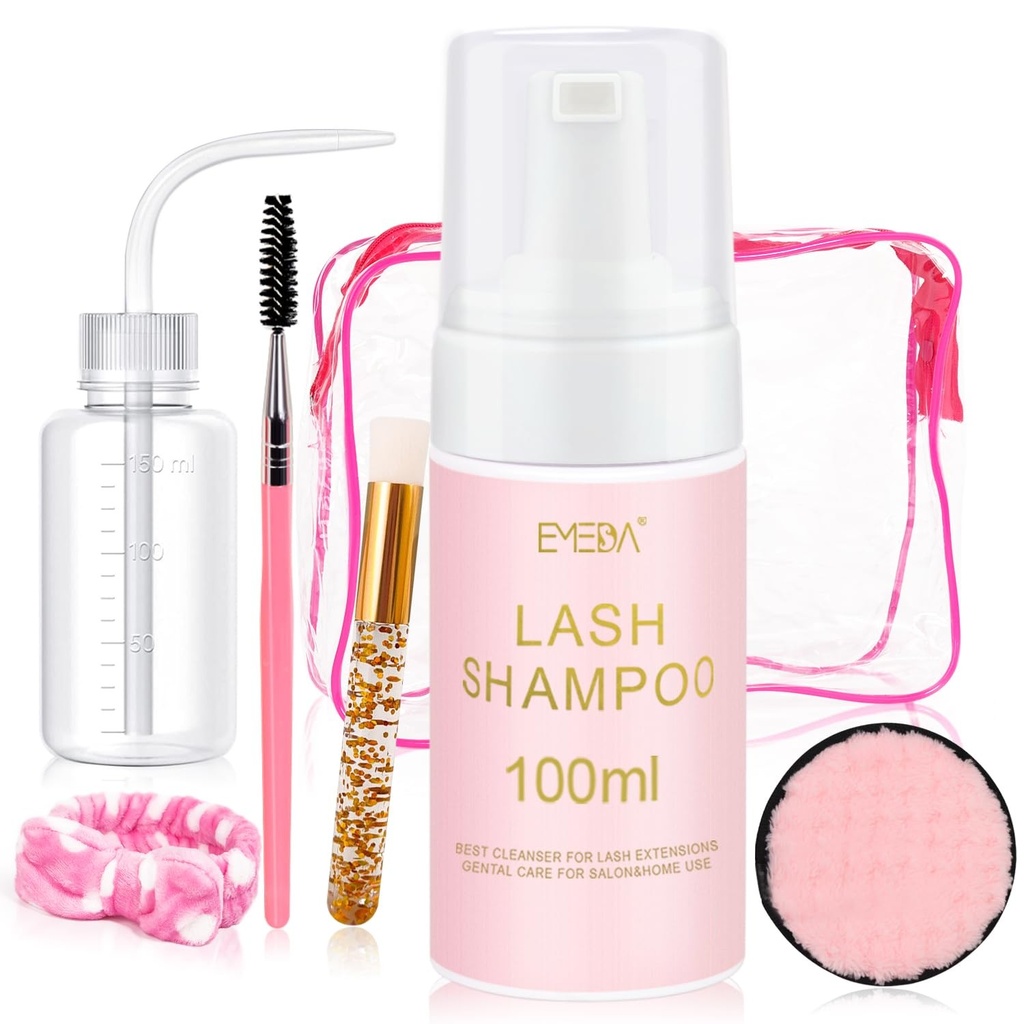 Șampon pentru extensii de gene 100 ml/3,38 oz, kit de curățare a genelor pentru gene în cluster, perie de spălare a genelor, sticlă cu bandă de păr, spumă fără ulei, kit de curățare pentru baie de gene (6 în 1)