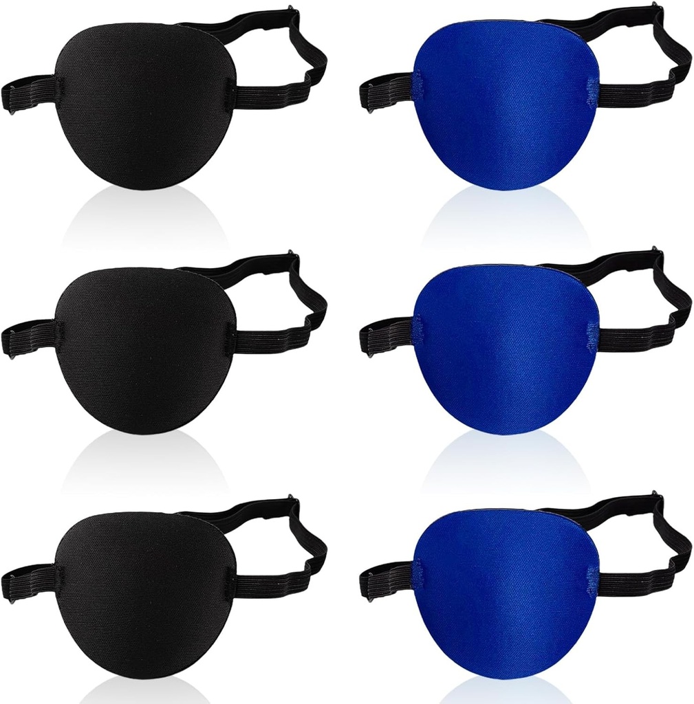 Pachet de 6 plasturi pentru ochi, plasturi reglabili pentru ochi, plasture pentru ochi de pirat, design cu caneluri 3D pentru scut ocular pentru ochi stângi sau drept, adulți și copii, ochi leneș, ambliopie, strabism (negru, albastru)