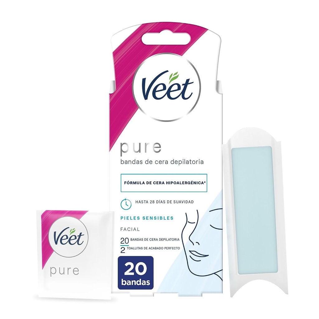 Benzi de ceară rece Veet Pure pentru epilare facială, potrivite pentru buze superioare (Bigotte), formulă de ceară hipoalergenică pentru piele sensibilă, 20 de benzi
