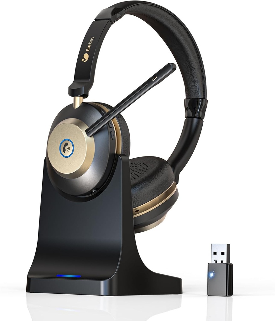Căști wireless Earbay, căști Bluetooth cu reducere a zgomotului la microfon și dongle USB, wireless cu dezactivare a microfonului și stație de încărcare pentru computer/birou/întâlniri/centru de apeluri/acasă/birou