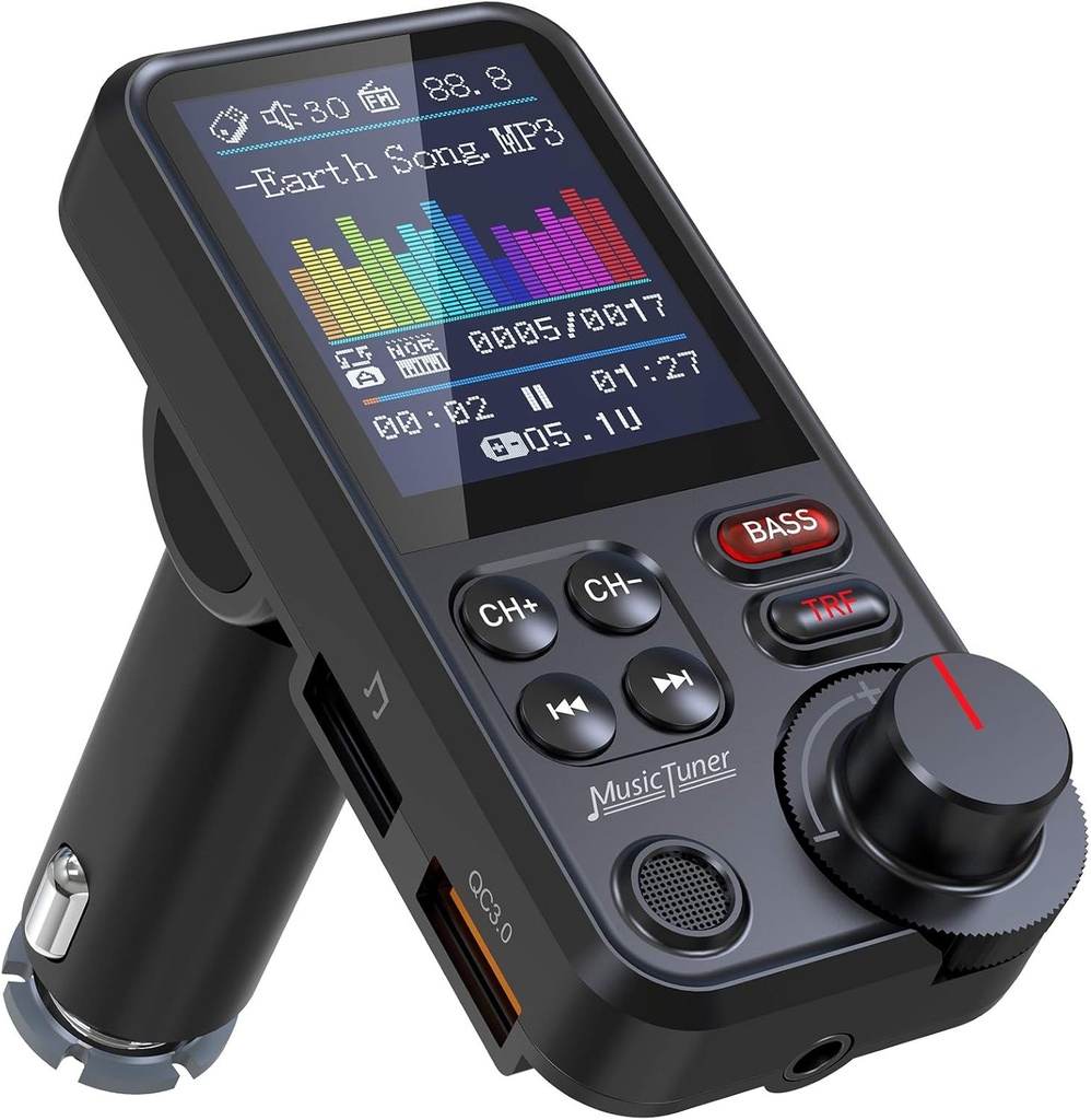 Transmițător Bluetooth auto Nulaxy, adaptor radio auto Bluetooth cu ecran color de 1,8inch, cu microfon puternic pentru apeluri hands-free mai bune, suportă încărcare QC3.0, player muzical cu sunete înalte și joase - KM30