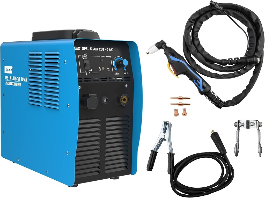 Tăietor cu plasmă Güde GPS-K Aircut 40 AK (Tăietor cu plasmă, compresor integrat, tăiere metal până la 12 mm grosime, torță de tăiere de 2,5 m cu ghidaj cu role)