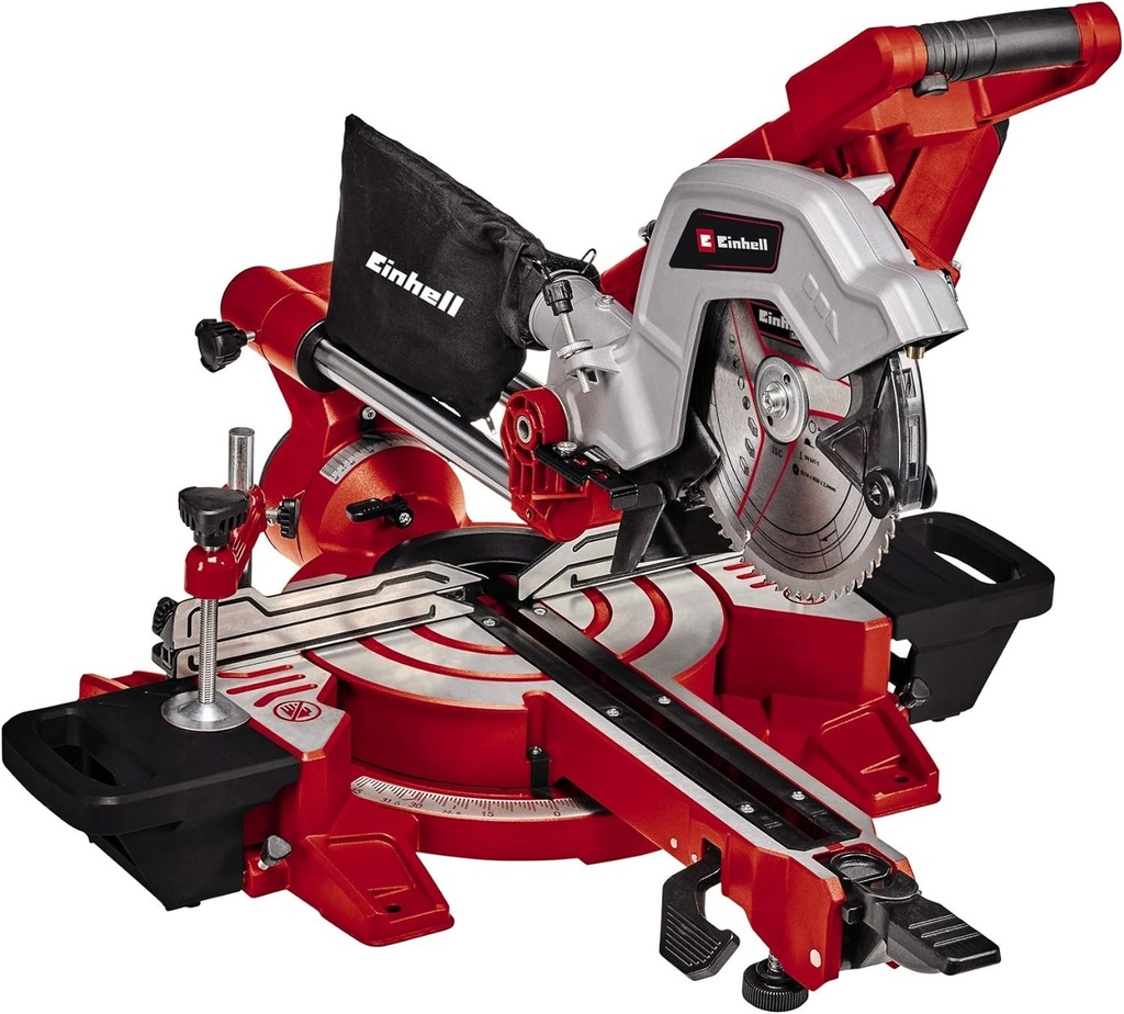 Fierăstrău circular cu mitră dublă culisantă Einhell TE-SM 216 (1800 W, adâncime/lățime de tăiere max. 65 mm x 305 mm, lamă de ferăstrău Ø 216 mm, cap de ferăstrău înclinabil pe ambele părți, funcție de glisare, laser)