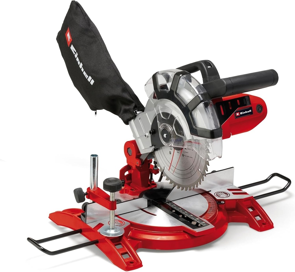 Fierăstrău circular cu mitră compusă Einhell TC-MS 2112 - 1600W, 5000 RPM, ferăstrău circular cu masă de lucru, clemă, colectare praf, tăiere în unghi de +/-45grade, înclinare de +/-45grade - ferăstrău electric cu lamă de 48 dinți pentru tăierea lemnului, plasticului