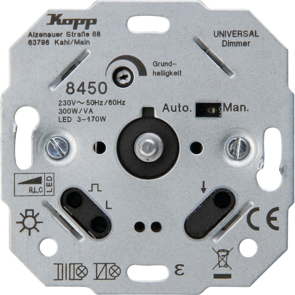 Soclu variator universal Kopp cu buton, pentru LED, pornire și oprire fazată pentru LED 3-170 wați, becuri incandescente 10-250 W, becuri halogen 230V și halogen de joasă tensiune 845000186