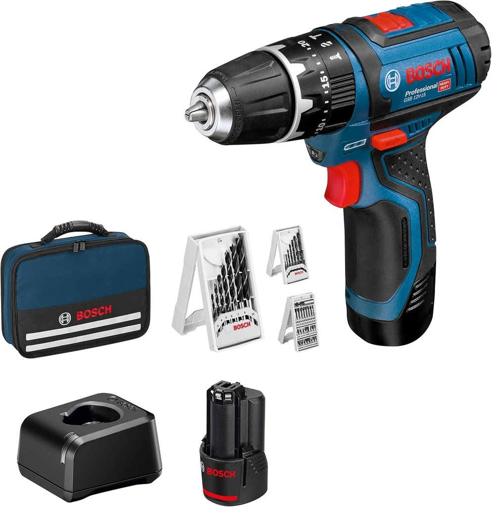 Mașină de găurit/șurubelniță cu impact fără fir Bosch Professional 12V System GSB 12V-15 (Diametru maxim de găurire în lemn: 19 mm, incl. 2x baterii 2.0Ah + încărcător, 2x seturi de burghi