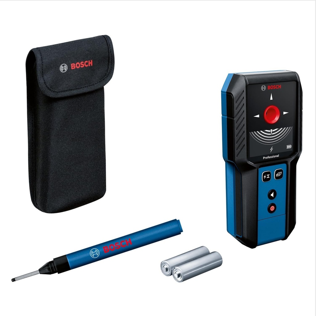 Scaner de perete Bosch Professional GMS 120-27 (2 baterii AA, marker, adâncime maximă de detectare Metal nemagnetic/Metal magnetic/Fir sub tensiune/Lemn: 120/100/50/30 mm, husă)
