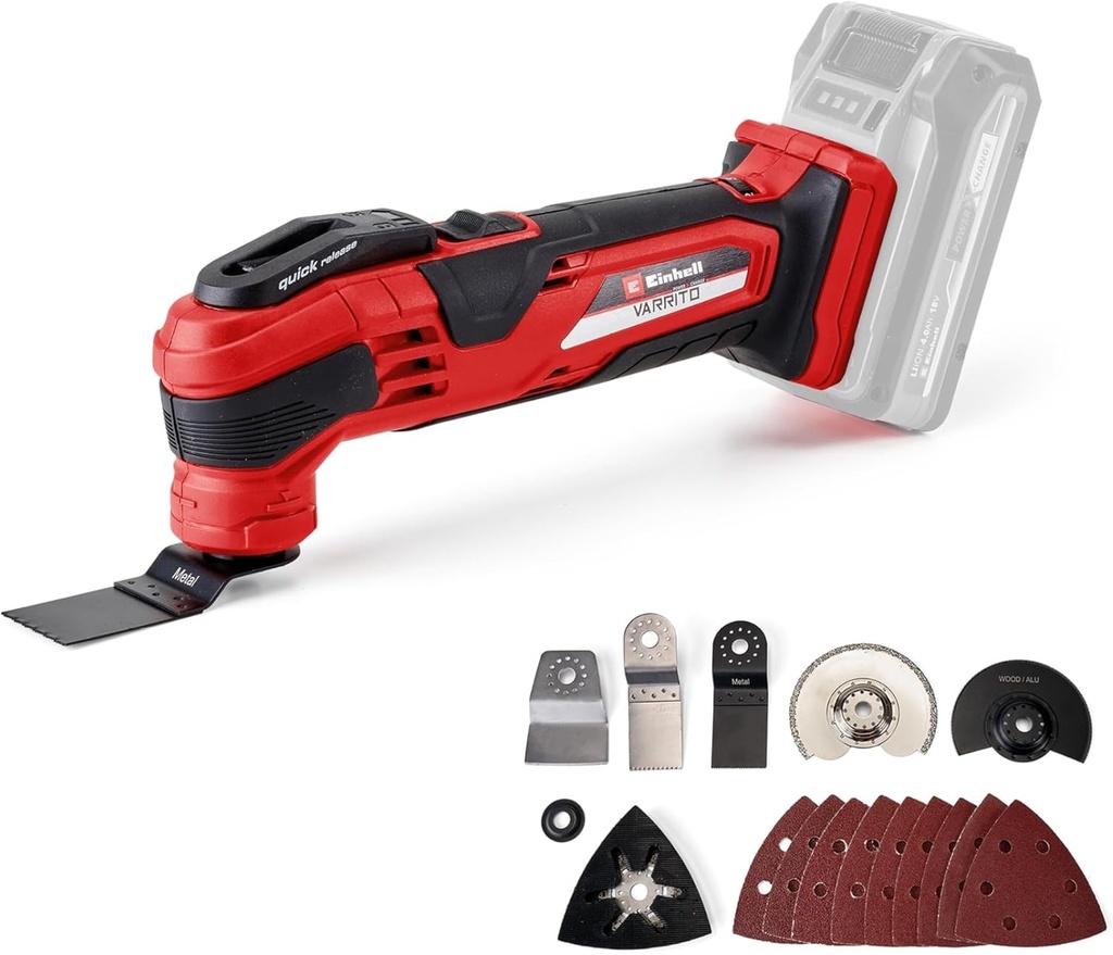 Unealtă multifuncțională fără fir Einhell Power X-Change - Unealtă de tăiere și șlefuire multifuncțională de 18 V pentru lemn, plastic, metal și faianță - Unelte multifuncționale oscilante VARRITO de 18 V cu accesorii (bateria nu este inclusă)