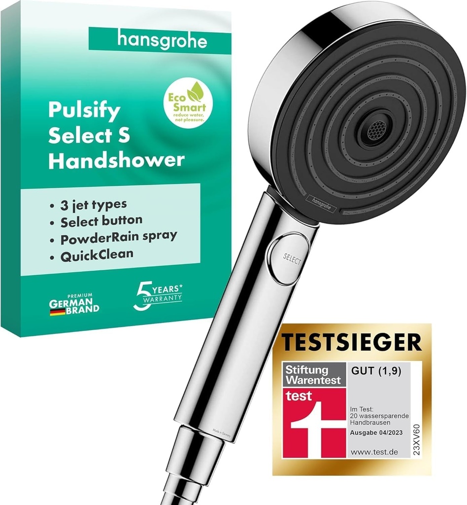 hansgrohe Pulsify Select S - cap de duș economizor de apă 9 l/min (EcoSmart), duș manual rotund (⌀ 105 mm) cu funcție anticalcar, cromat, 24111000 (Ambalajul poate varia)