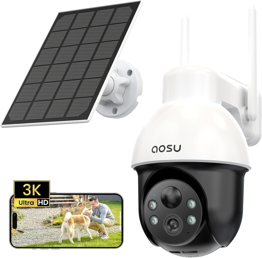 Cameră de supraveghere AOSU 3K cu alimentare solară pentru exterior, cameră de securitate WiFi wireless de 5MP pentru securitatea casei, PTZ panoramică, urmărire automată, detectare mișcare cu reflector, vedere nocturnă, audio bidirecțional