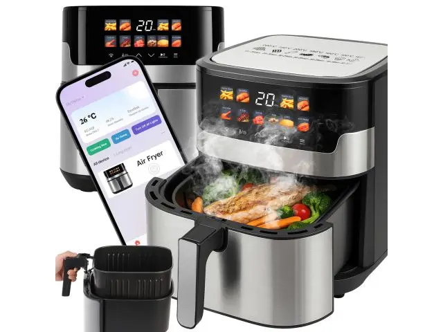 Friteuză cu aer cald de 6,5 litri, Airfryer 2200 W, 10 în 1, friteuză cu aer cald, control prin WiFi, coșuri rezistente la mașina de spălat vase, grill, coacere, menținere la cald