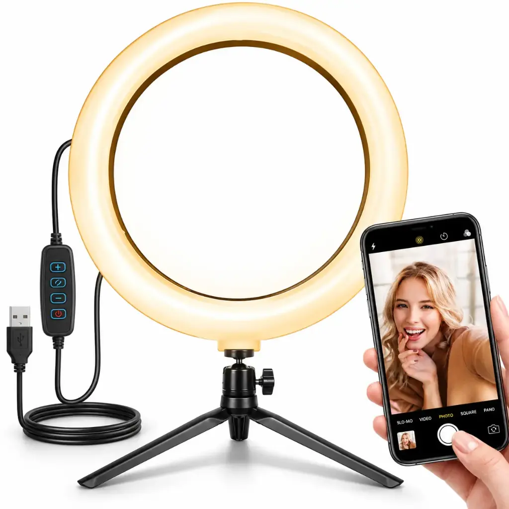 Lampă inel LED pentru selfie, 16 cm, 3 moduri de iluminare, cu trepied, alimentare USB