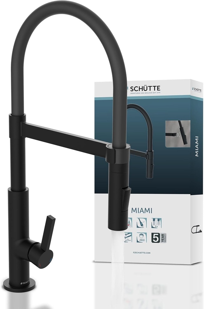 SCHÜTTE 79147 Miami Baterie Bucătărie 360° cu Furtun Soft Touch, Baterie Monocomandă cu Dispozitiv Magnetic de Clătit Vase Extensibil, Baterie Mixer pentru Chiuvetă, Baterie Bucătărie Negru Mat