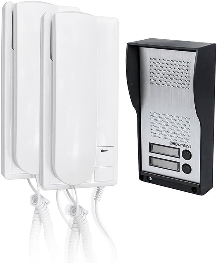 SCS Sentinel - PAF0007 - Interfon audio cu fir pentru 2 apartamente - Interfon cu cablu de conectare - 2 receptoare, 1 stație de exterior, 2 surse de alimentare - AudioKit Duo