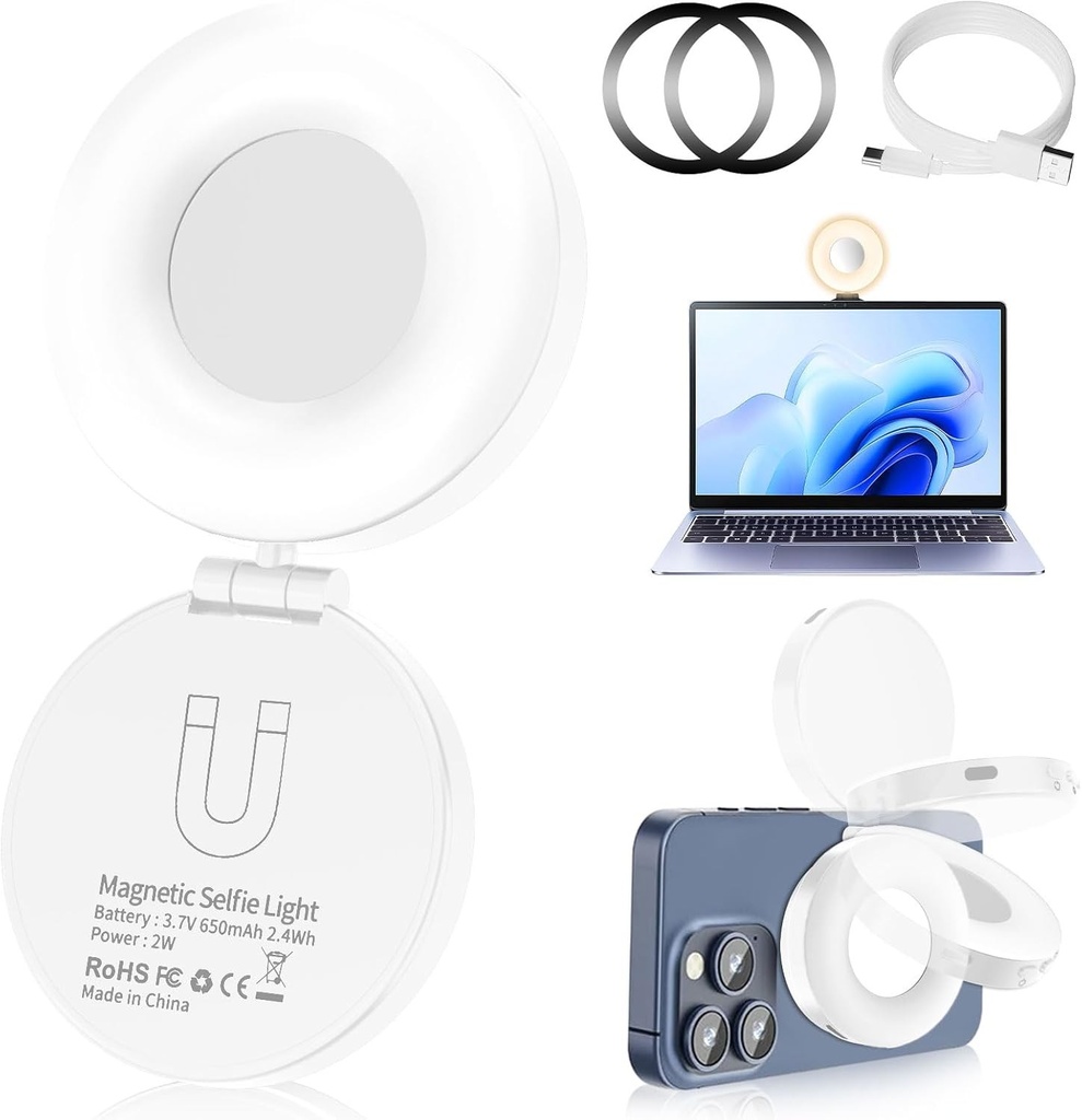 Lumină magnetică pentru selfie-uri, inel luminos compatibil cu iPhone, lumină magnetică 3-în-1 pentru selfie-uri și înfrumusețare, cu oglindă ideală pentru selfie-uri, fotografie, TikTok, apeluri Zoom și videoconferințe.