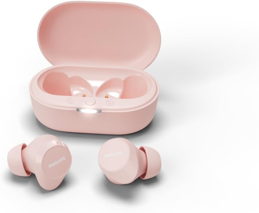 Casti intraauriculare fara fir Philips TAT1209PK - varfuri mici, valoare buna, sunet natural cu bas dinamic, apeluri clare si carcasa de incarcare de buzunar - roz