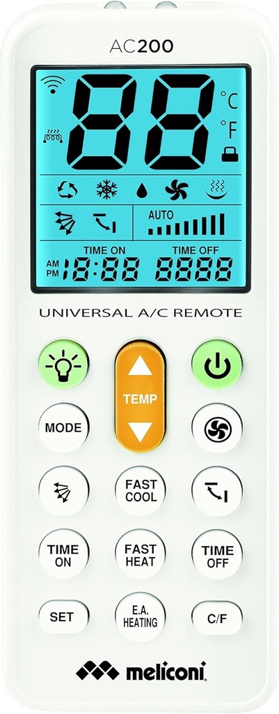 Meliconi AC 200 - Telecomanda universala pentru aparate de aer conditionat, compatibila cu majoritatea marcilor, display iluminat din spate si functie de lanterna. Alb., 802102