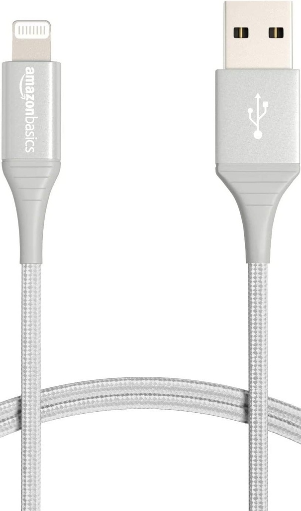 Cablu Amazon Basics USB-A la Lightning - Nailon dublu impletit - Colectie avansata - Incarcator iPhone certificat MFi - Argintiu - 3 picioare