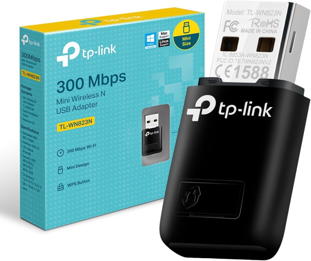 TP-Link 300 Mbps Mini Wireless N USB WiFi Adaptor, ideal pentru video HD fluide, streaming vocal si jocuri online, USB 2.0, accepta Windows 10/8.1/8/7/XP, Mac OS, Linux(TL-WN823N)