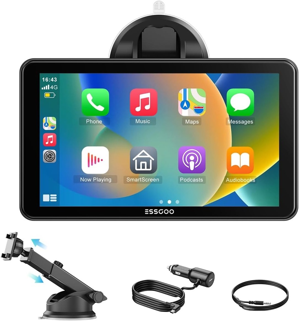 ESSGOO Ecran tactil wireless auto 7'' pentru Apple Carplay Android Auto HD IPS cu Mirror Link, Bluetooth 5.3, asistență Siri G-oogle, AUX, FM – Compatibil cu diverse modele de vehicule