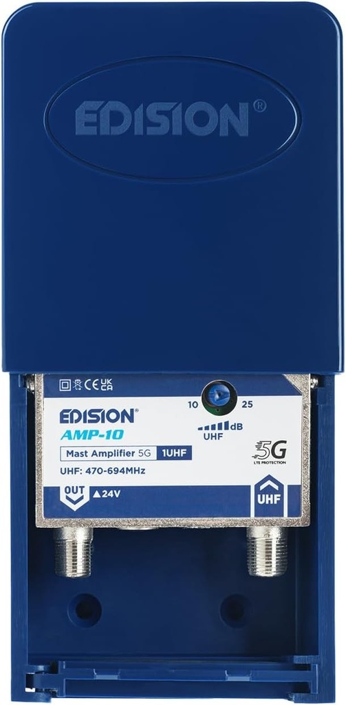 Amplificator antena TV EDISION AMP-10 cu catarg 1UHF, 10-25db reglabil, 107dBmV, 24V, pentru semnal digital terestru DVB-T/T2, frecvente UHF 470-694MHz, cu filtru 5G LTE 
