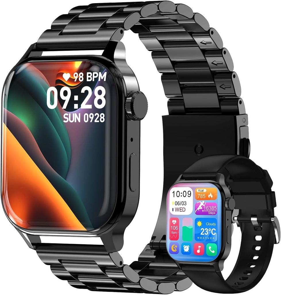 Ceas inteligent Homailida pentru barbati cu 2 curele reglabile, ceas inteligent pentru apeluri si asistent vocal, notificari de mesaje, ceas inteligent in stil business, peste 100 de moduri sportive, ceas fitness barbati negru